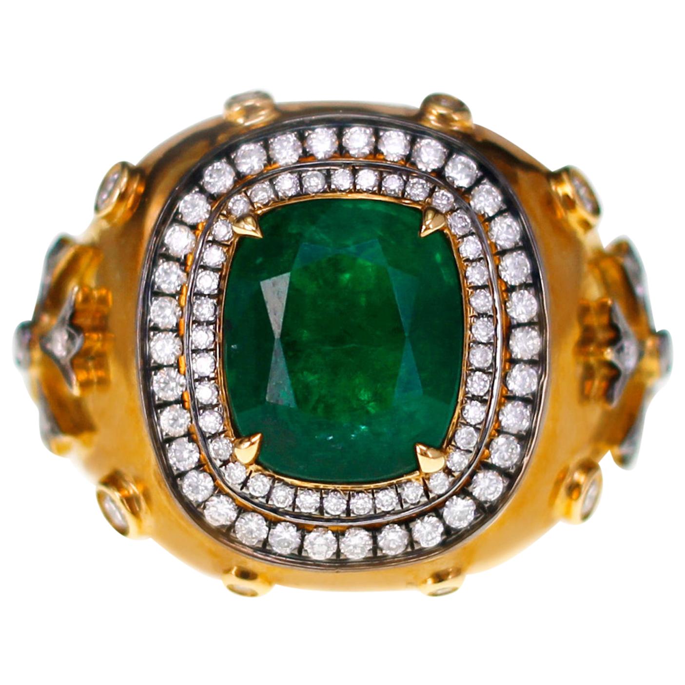 3.19 Carat Vivid Green Zambian Emerald in Antique Style Bridal Ring For Sale