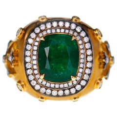 Bague de mariage de style ancien avec émeraude de Zambie d'un vert vif de 3,19 carats