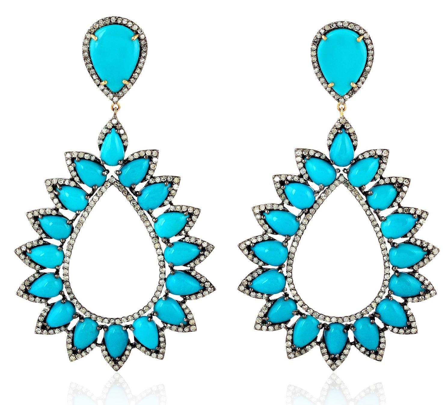 Single Cut 31.9 Carat Turquoise Diamond Earrings For Sale