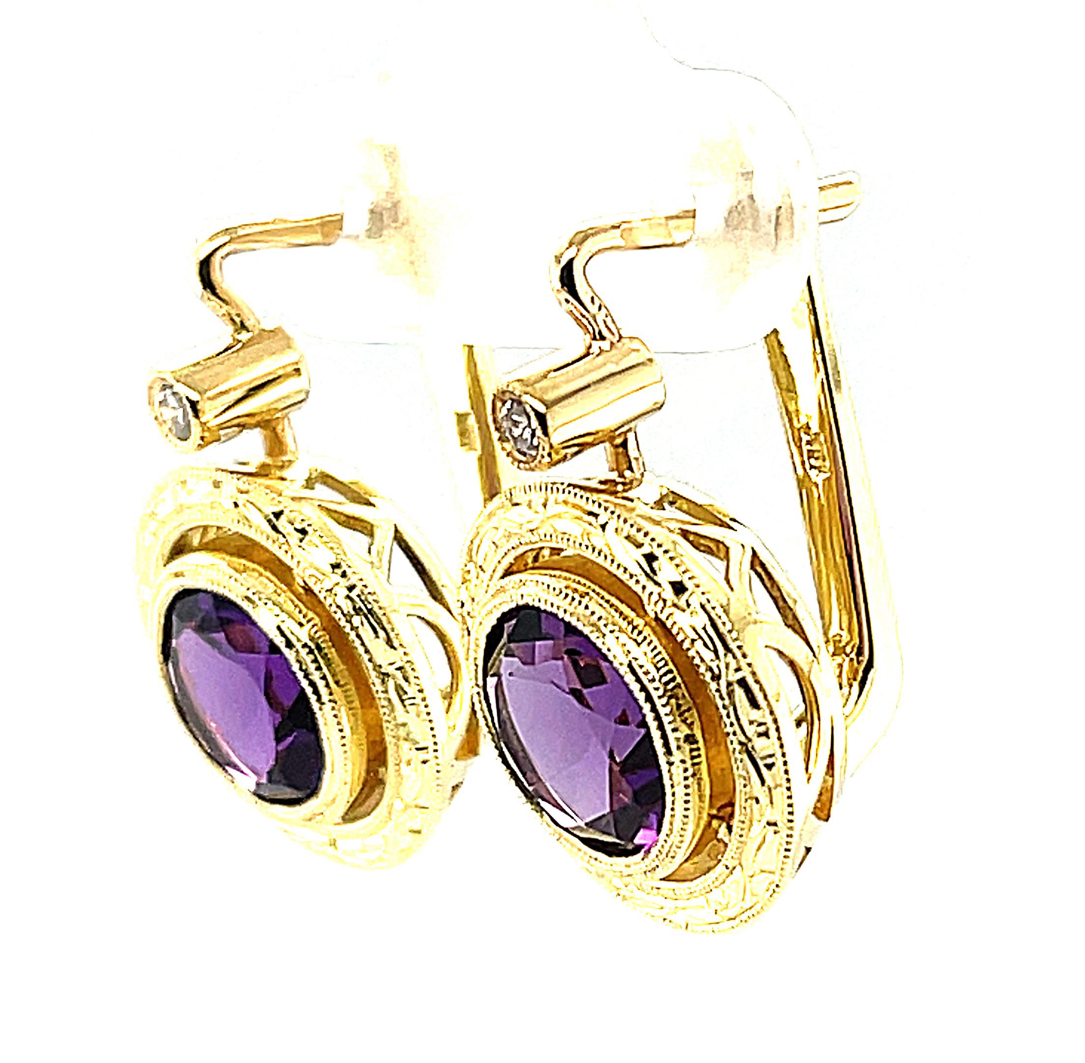 Amethyst and Diamond Drop Earrings in Hand Engraved Yellow Gold Bezels  For Sale 3