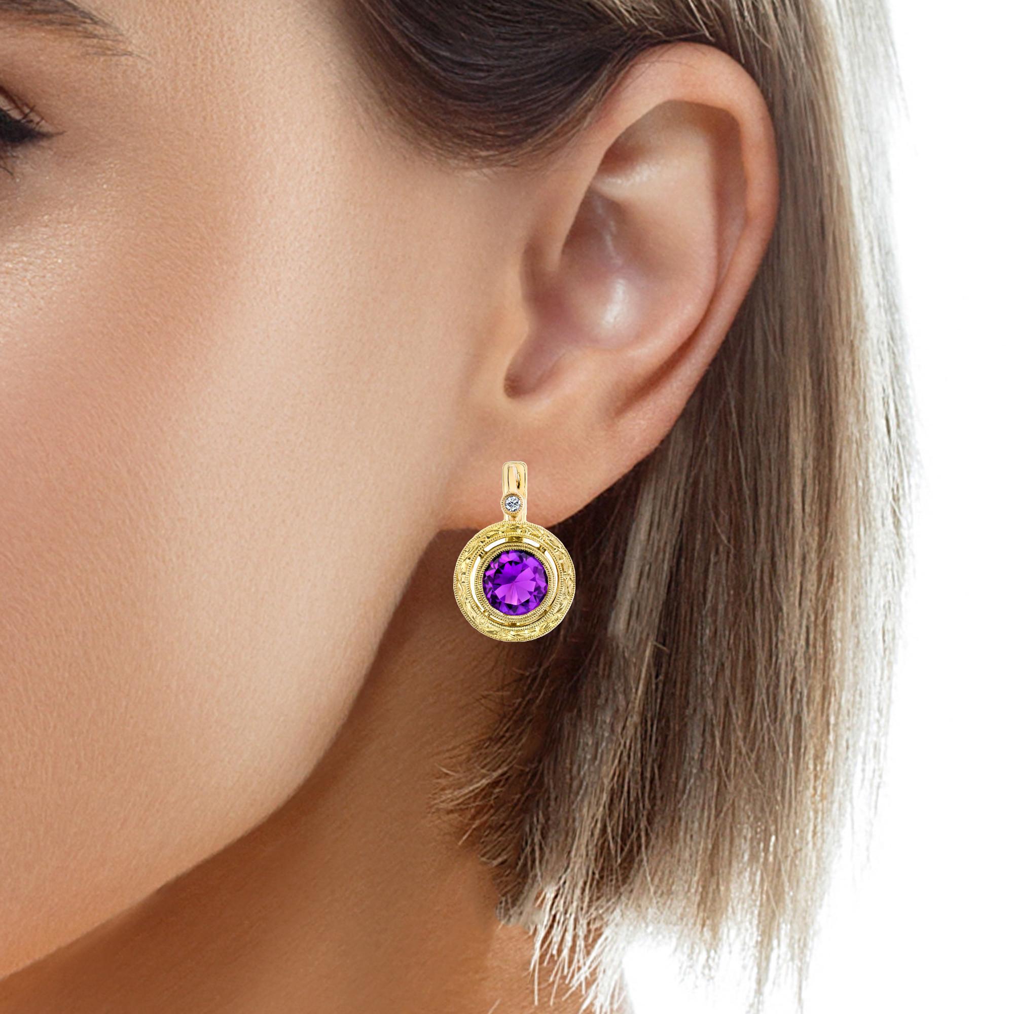 Amethyst and Diamond Drop Earrings in Hand Engraved Yellow Gold Bezels  For Sale 4