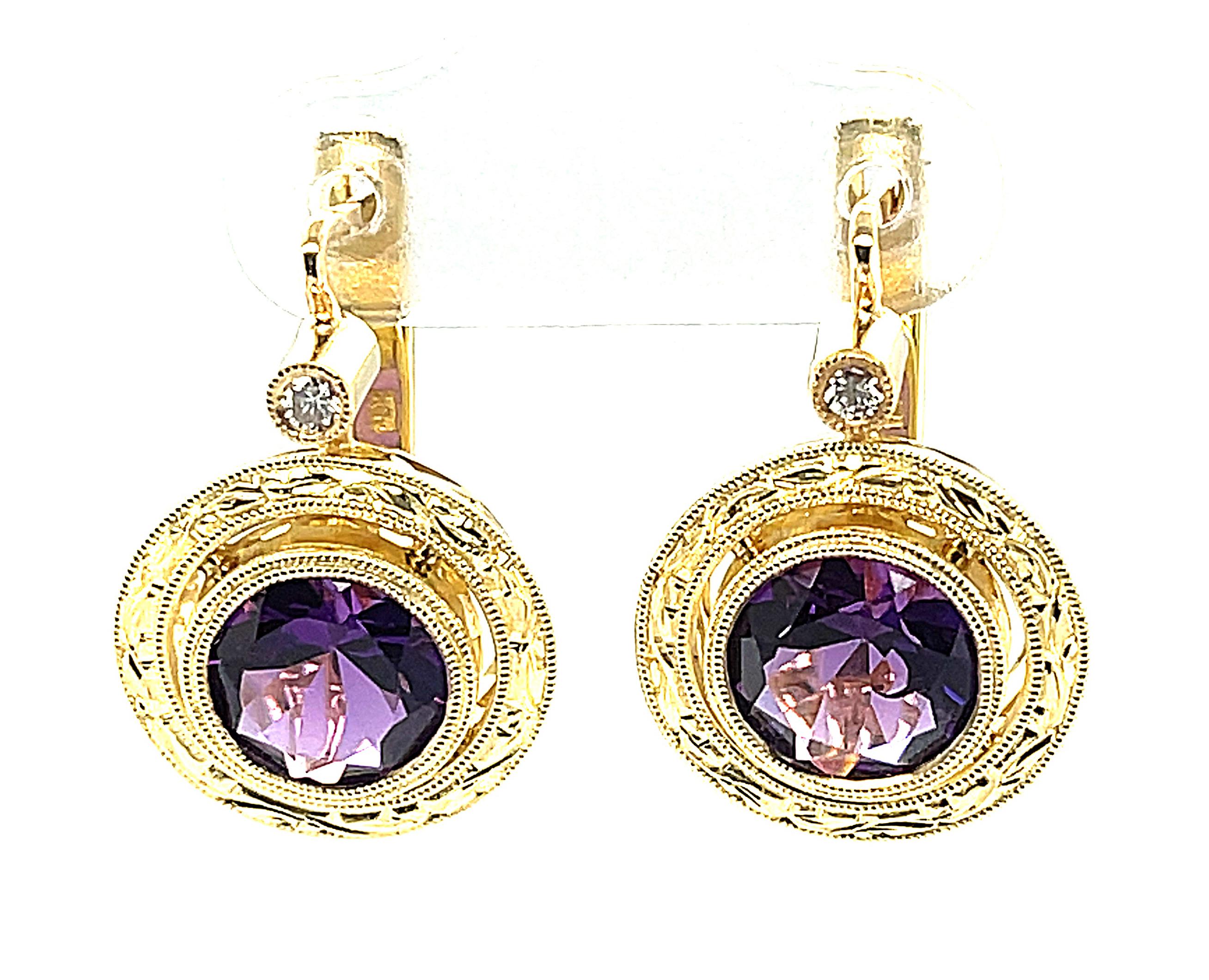 Amethyst and Diamond Drop Earrings in Hand Engraved Yellow Gold Bezels  In New Condition For Sale In Los Angeles, CA