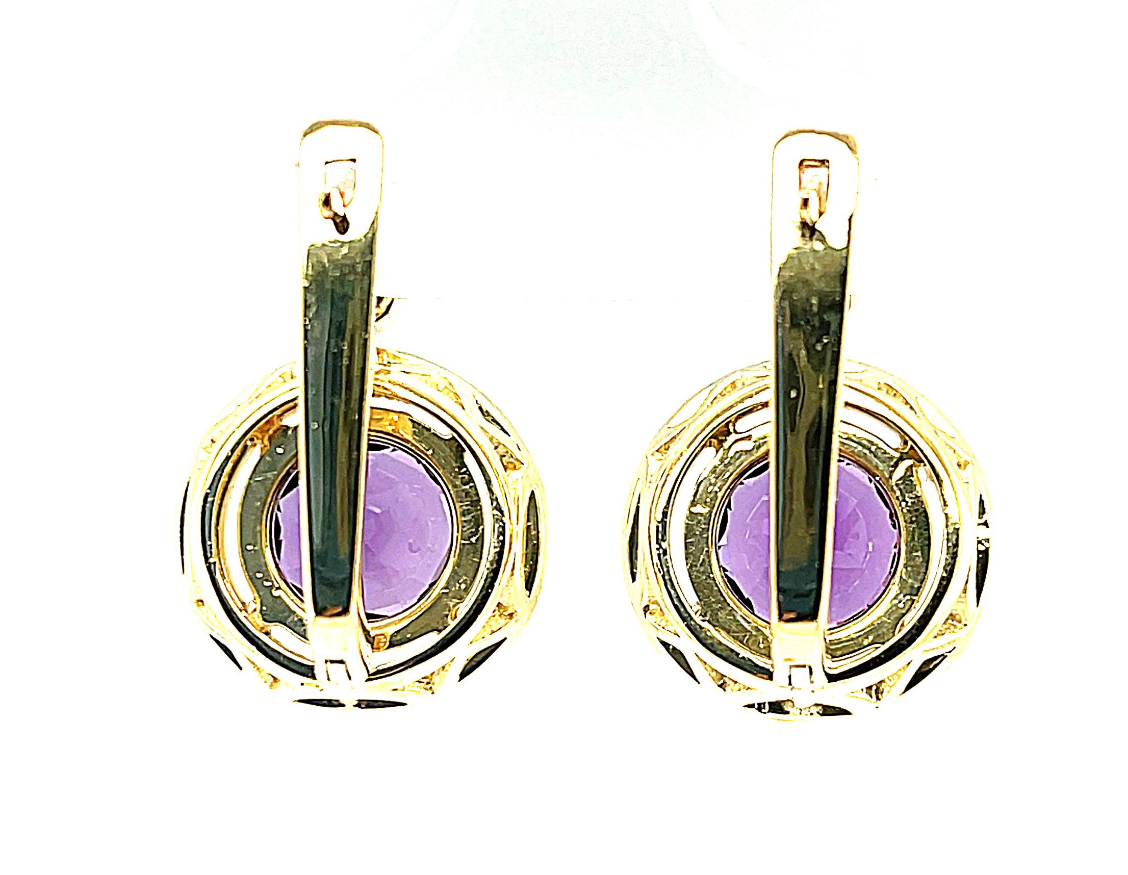 Women's or Men's Amethyst and Diamond Drop Earrings in Hand Engraved Yellow Gold Bezels  For Sale