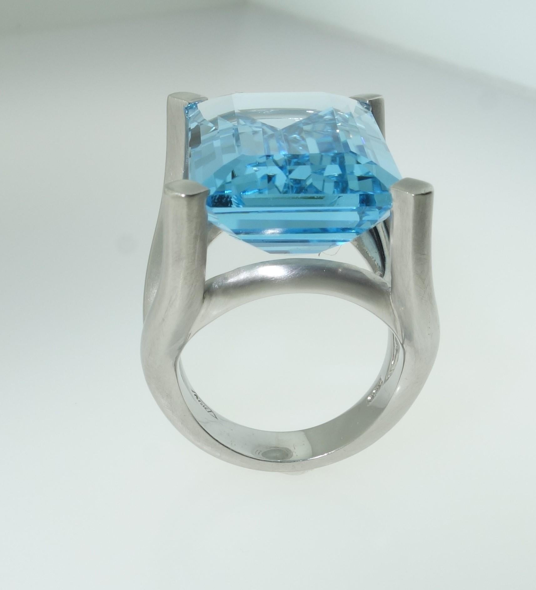 Beautiful Solitaire Ring featuring a 31.90 Carat Rectangular Sky Blue Topaz Gem stone. Oxidized Sterling Silver Tarnish-resistant mounting. Ring size 7, we offer ring re-sizing. Stylish and Classy…illuminating your look with Timeless Beauty! 