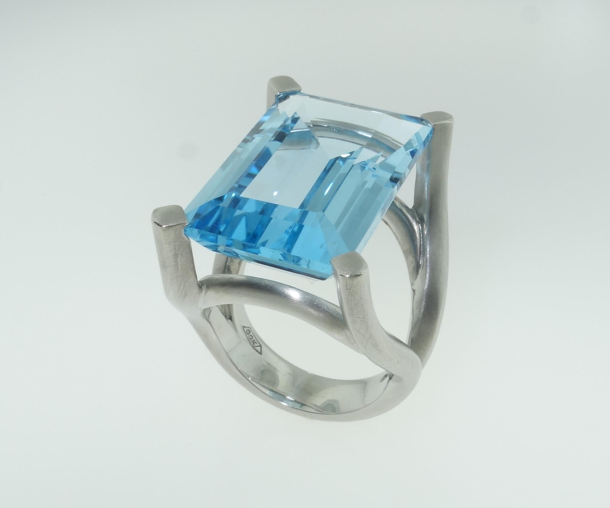 Emerald Cut 31.90 Carat Sky Blue Topaz Solitaire Cocktail Ring For Sale