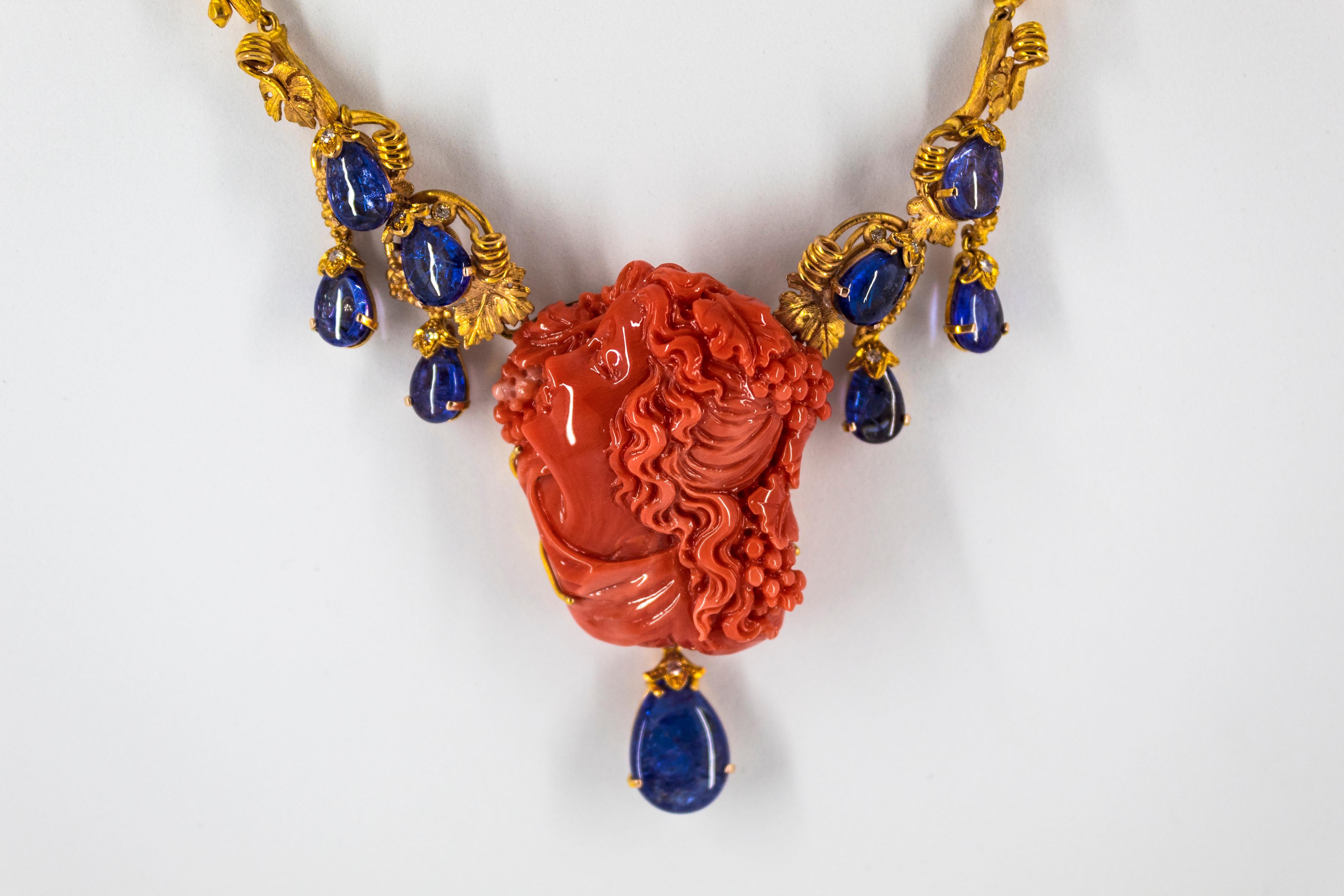 31.93 Carat Tanzanite White Diamond Red Carved Coral Yellow Gold Greek Necklace 7
