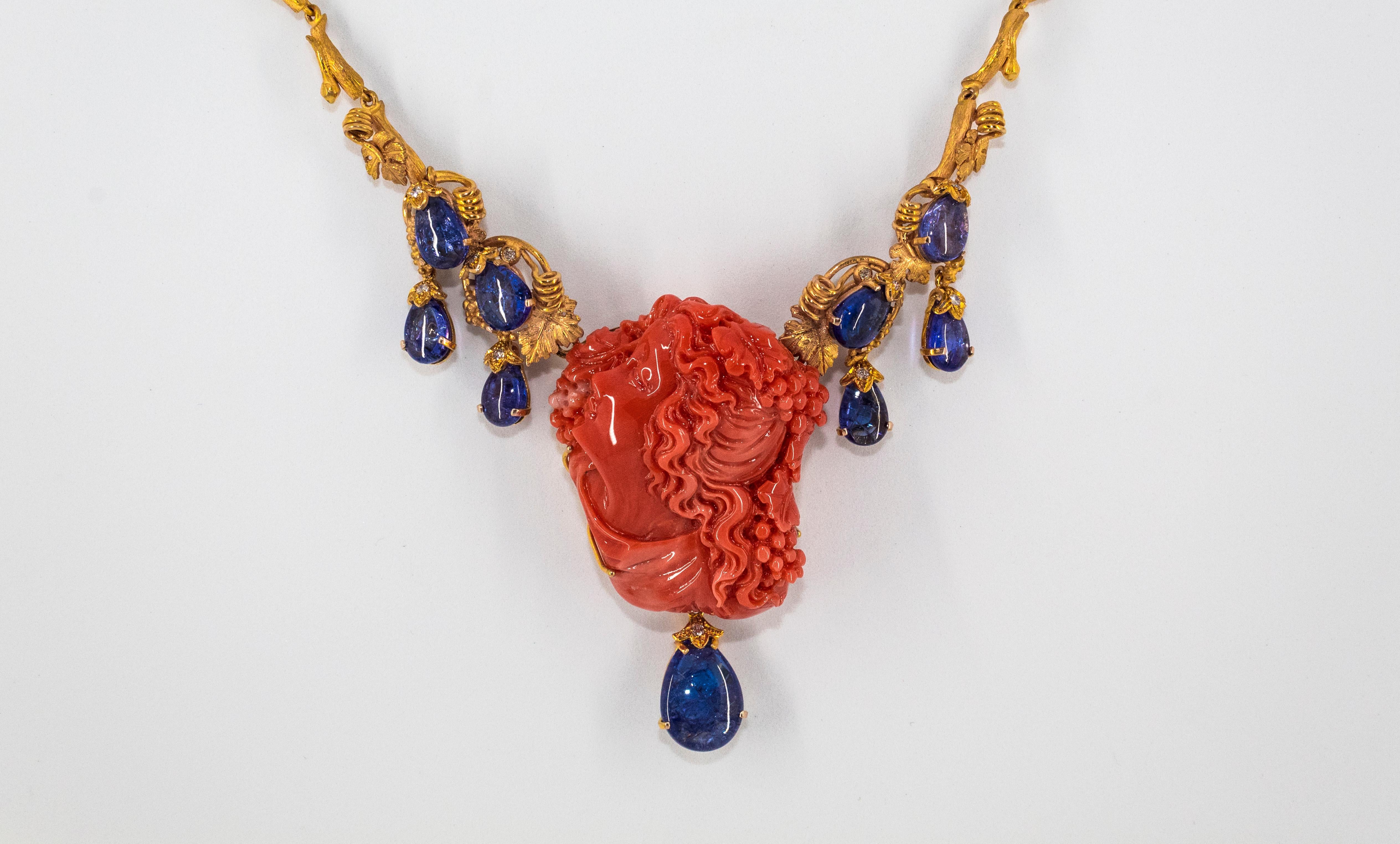31.93 Carat Tanzanite White Diamond Red Carved Coral Yellow Gold Greek Necklace 8