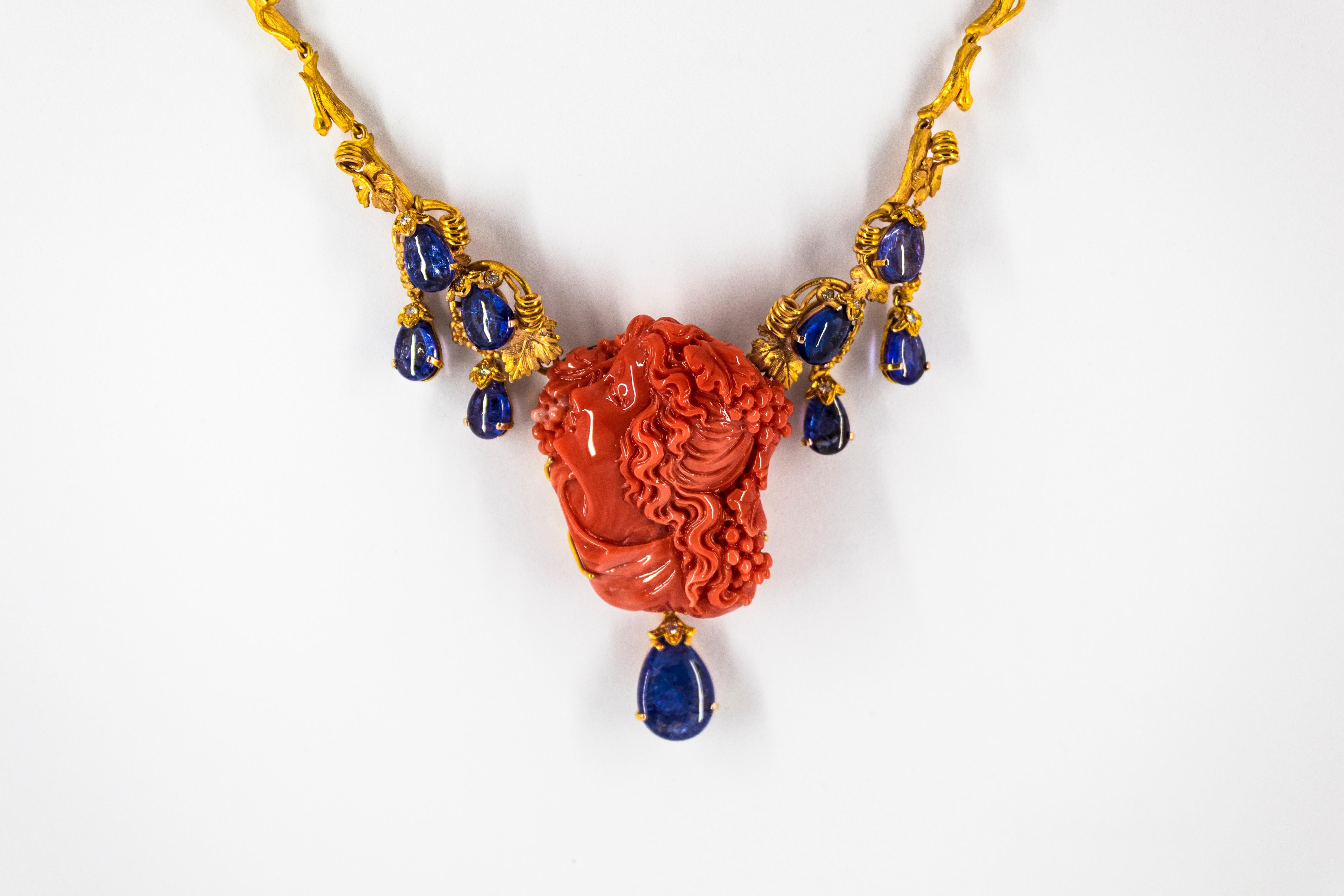 31.93 Carat Tanzanite White Diamond Red Carved Coral Yellow Gold Greek Necklace 9