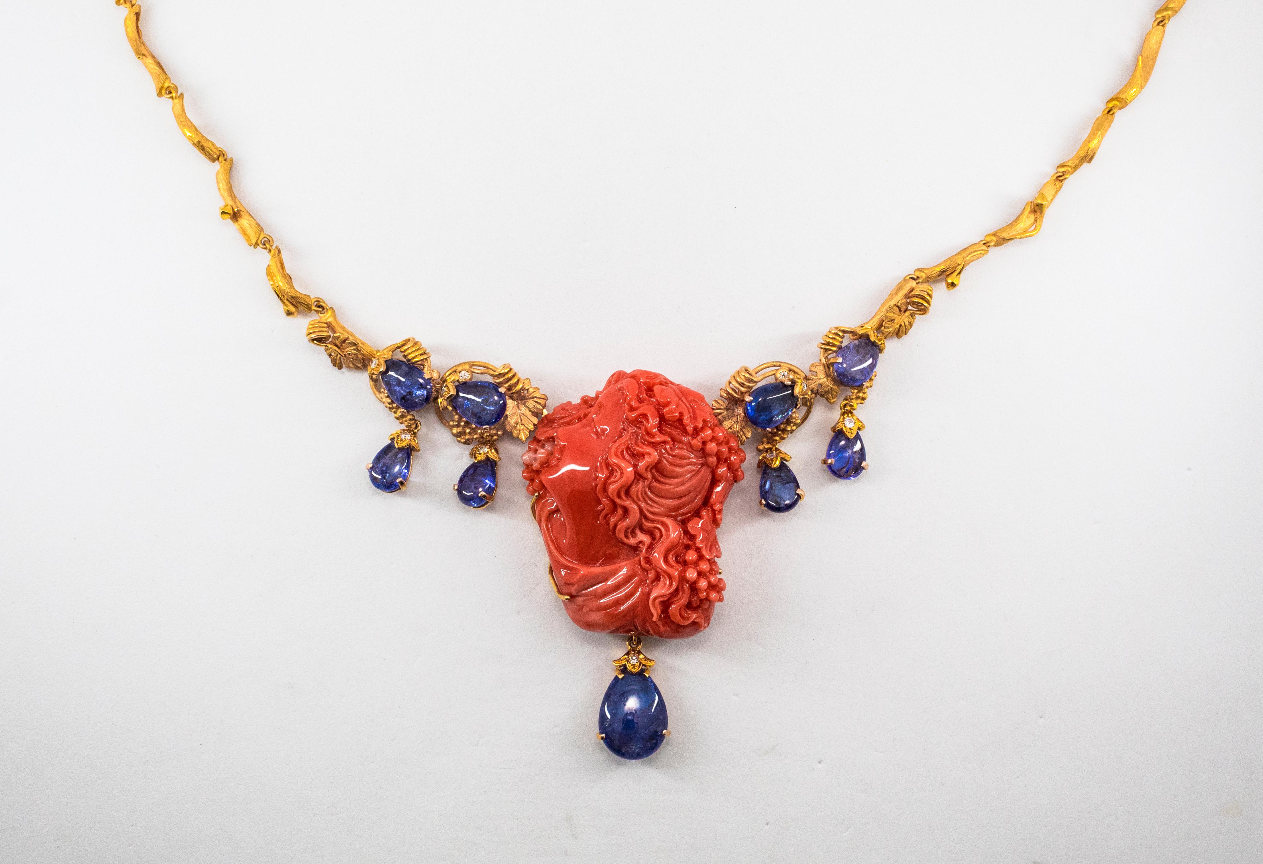 31.93 Carat Tanzanite White Diamond Red Carved Coral Yellow Gold Greek Necklace 3