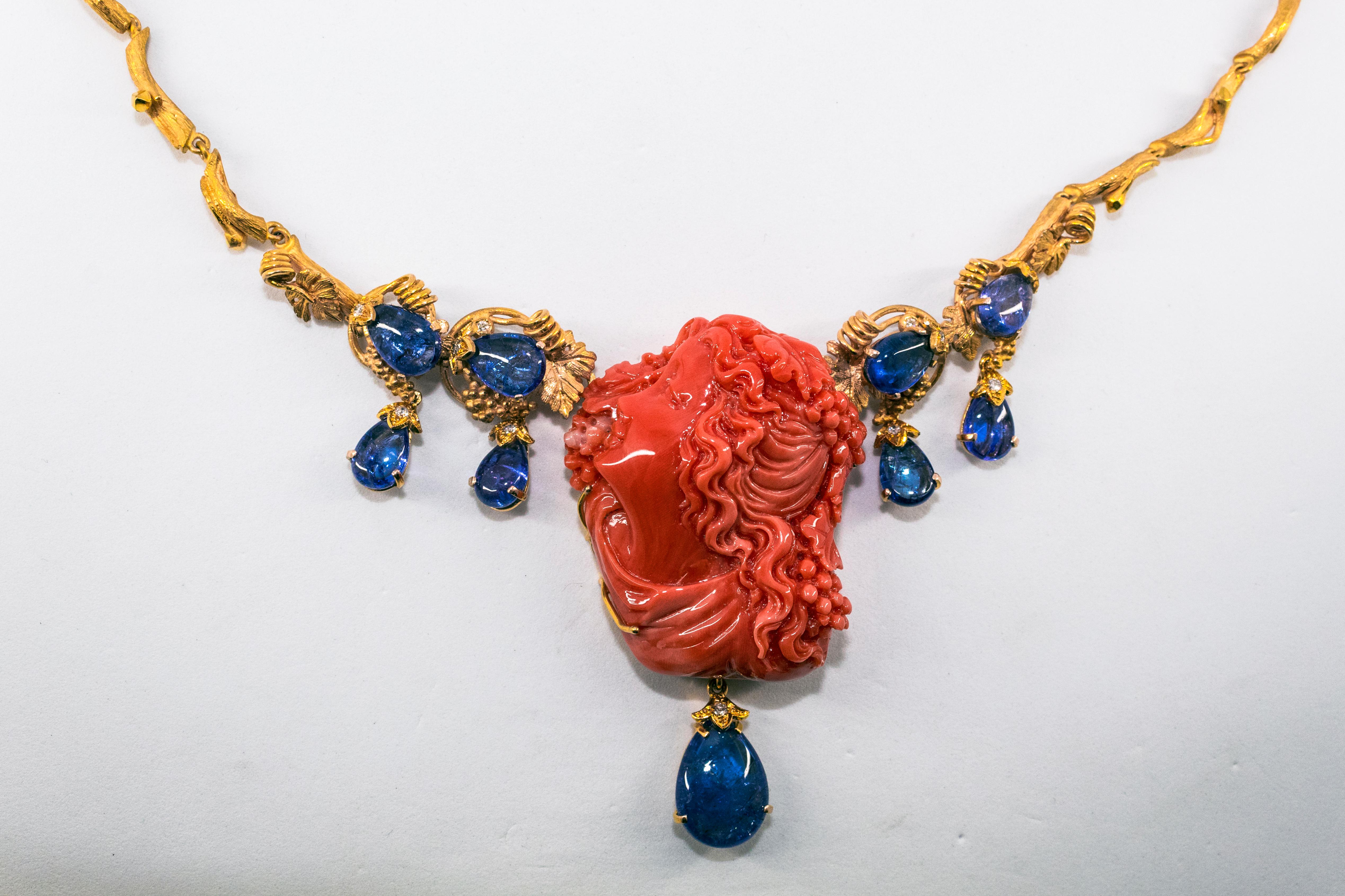 31.93 Carat Tanzanite White Diamond Red Carved Coral Yellow Gold Greek Necklace 4