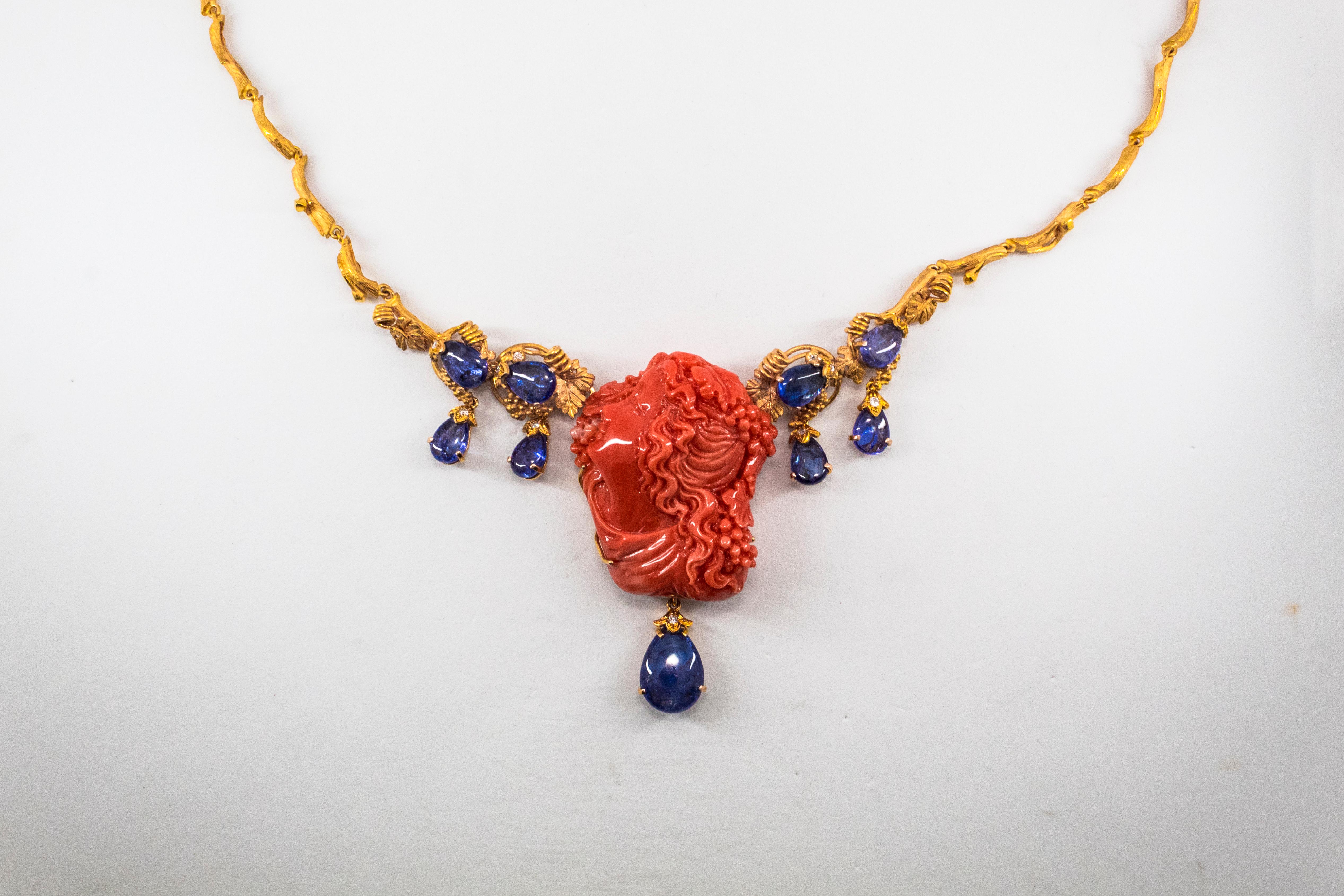 Brilliant Cut 31.93 Carat Tanzanite White Diamond Red Carved Coral Yellow Gold Greek Necklace
