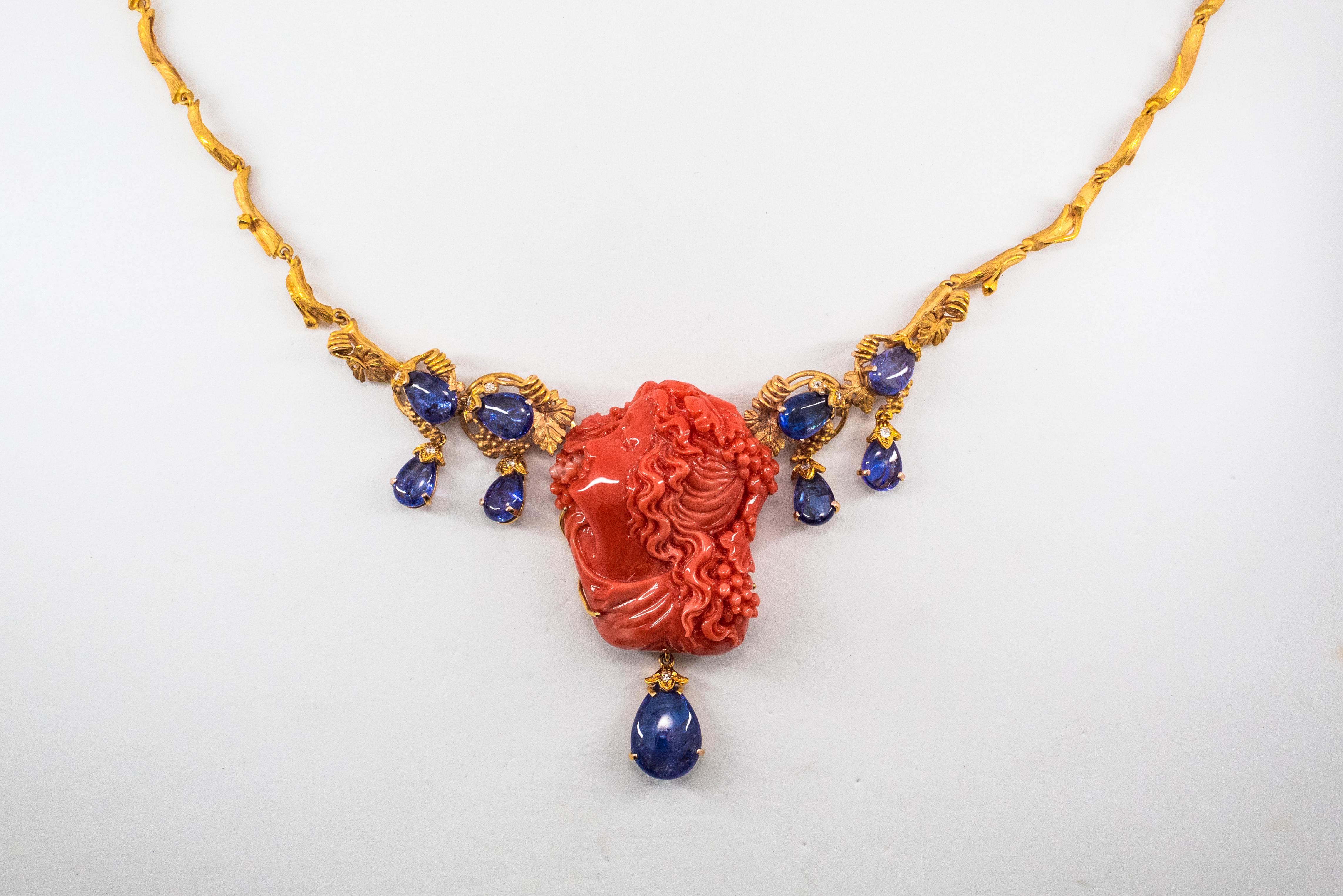 31.93 Carat Tanzanite White Diamond Red Carved Coral Yellow Gold Greek Necklace In New Condition In Naples, IT