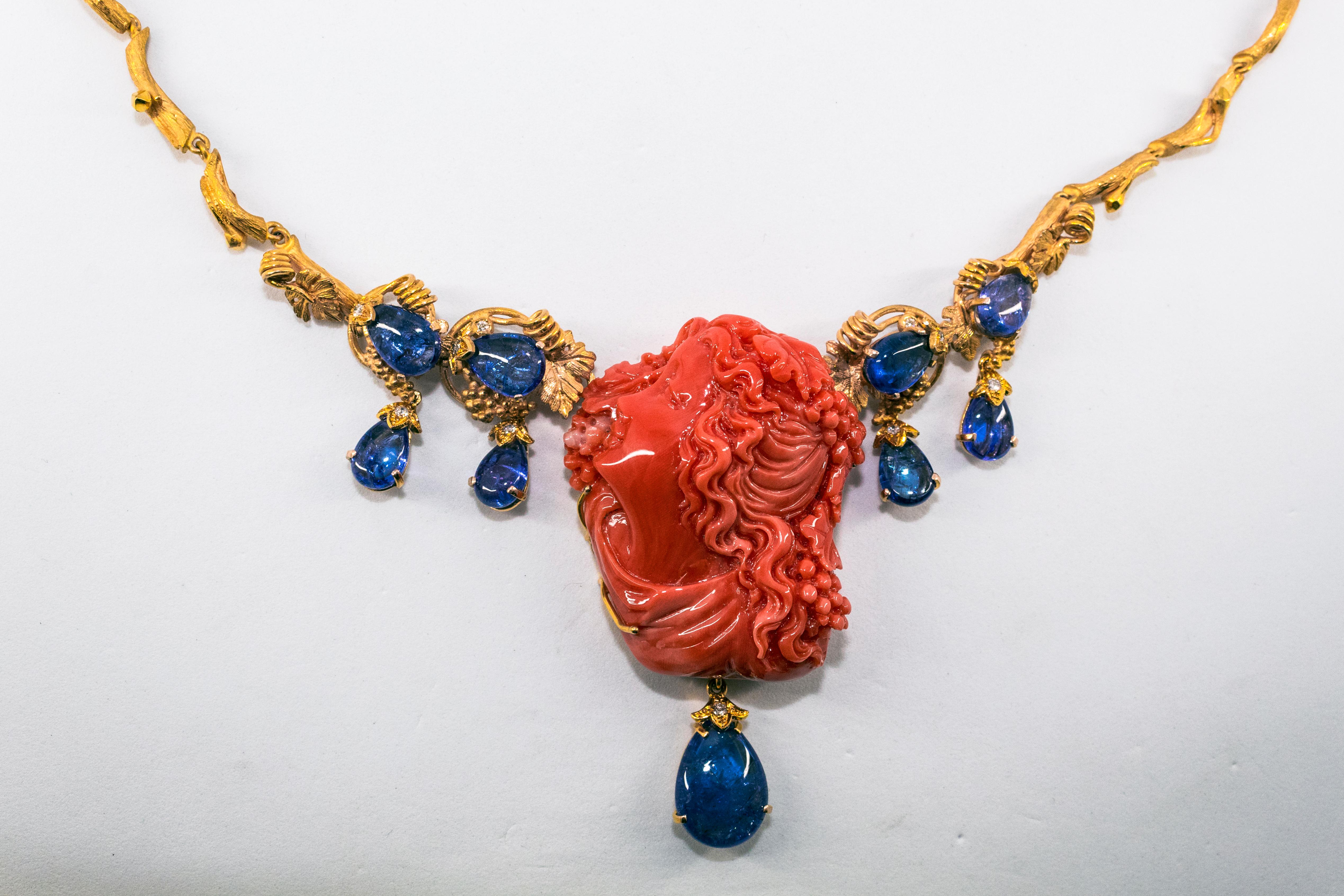 31.93 Carat Tanzanite White Diamond Red Carved Coral Yellow Gold Greek Necklace 1