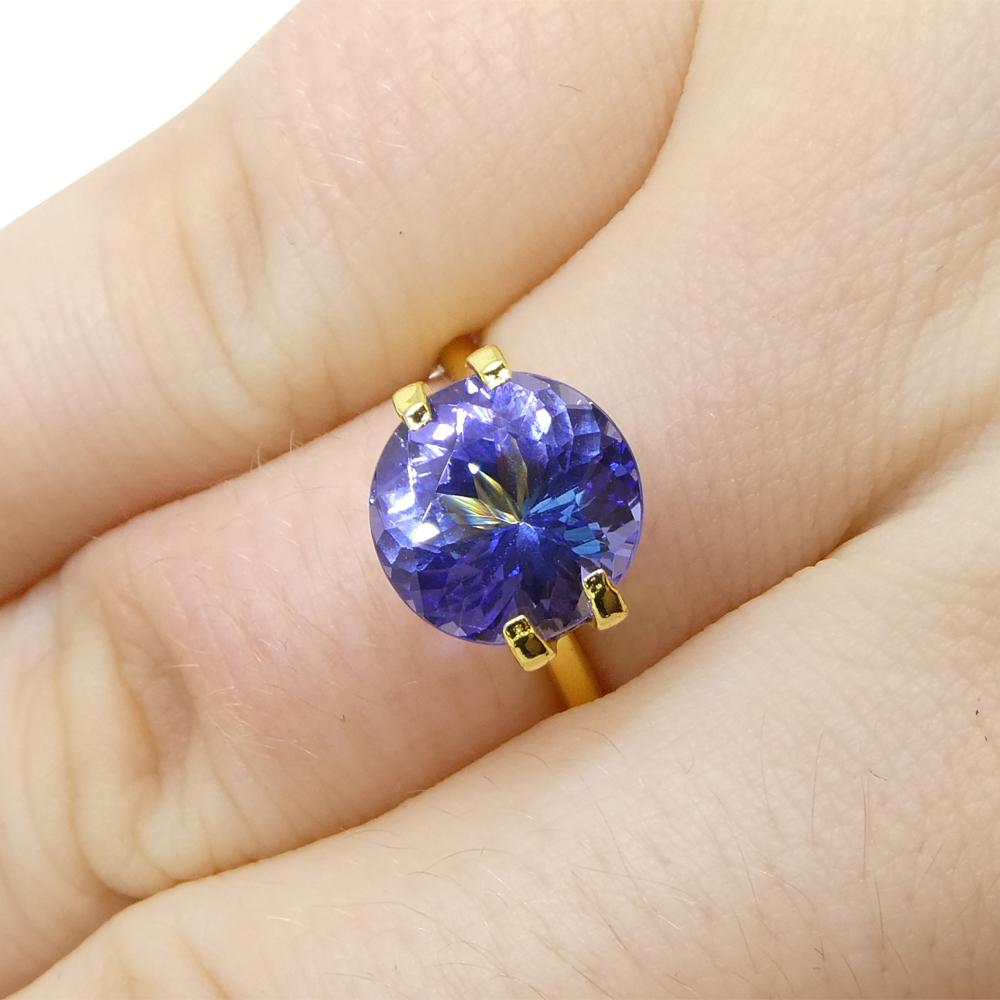 Description:

Gem Type: Tanzanite 
Number of Stones: 1
Weight: 3.19 cts
Measurements: 9.41 x 9.41 x 5.83 mm mm
Shape: Round
Cutting Style Crown: Brilliant Cut
Cutting Style Pavilion: Brilliant Cut 
Transparency: Transparent
Clarity: Loupe