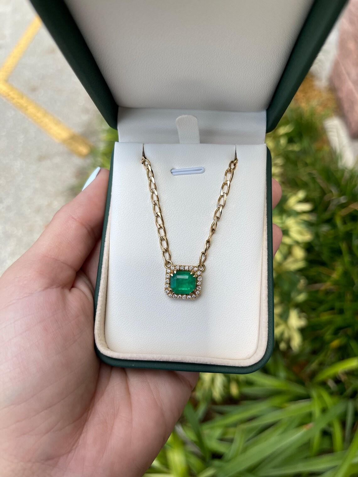 Modern 3.19tcw Natural Emerald & Diamond Halo Pendant, 18K May Birthstone Gift For Sale