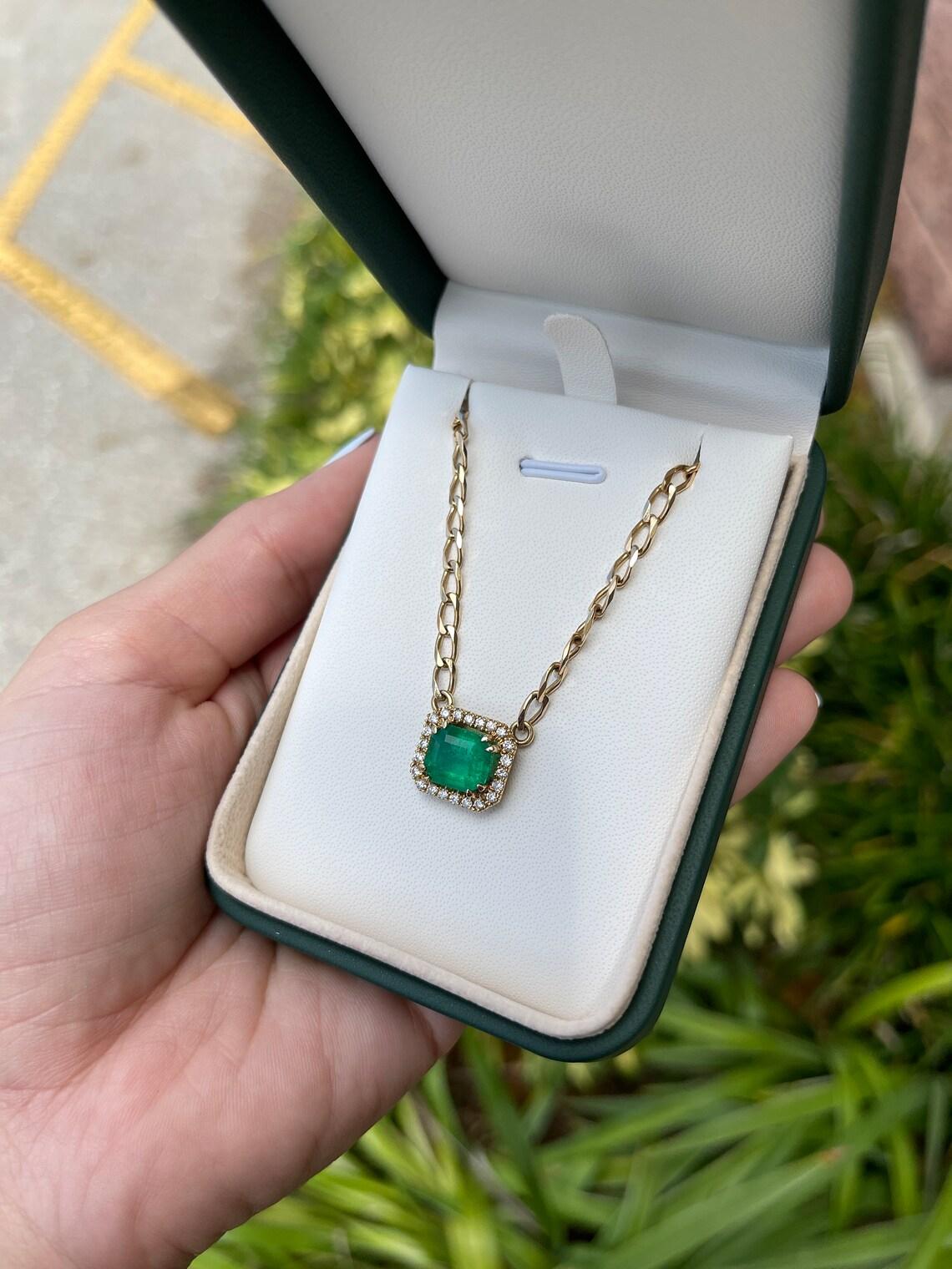 Emerald Cut 3.19tcw Natural Emerald & Diamond Halo Pendant, 18K May Birthstone Gift For Sale