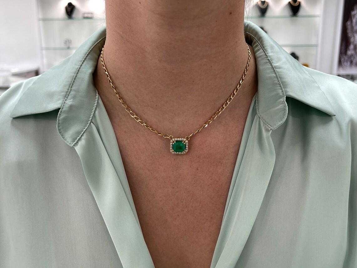 Women's 3.19tcw Natural Emerald & Diamond Halo Pendant, 18K May Birthstone Gift For Sale