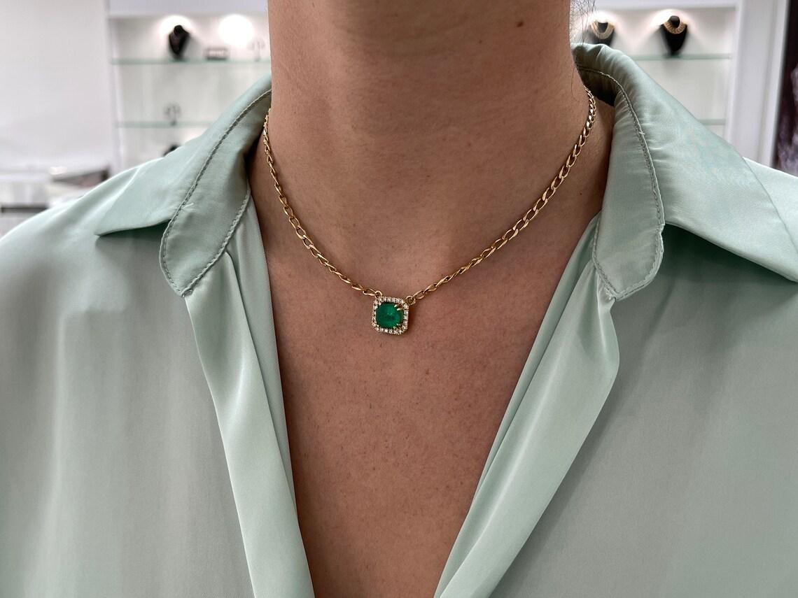 3.19tcw Natural Emerald & Diamond Halo Pendant, 18K May Birthstone Gift For Sale 1