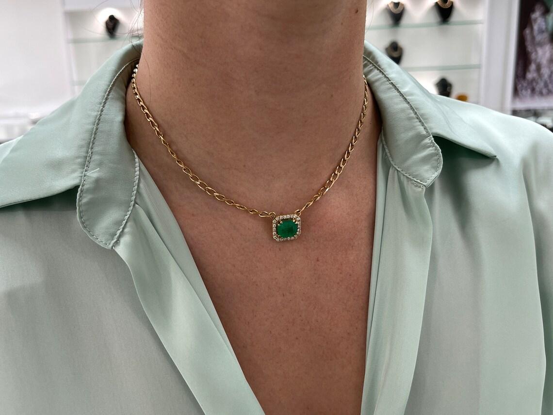 3.19tcw Natural Emerald & Diamond Halo Pendant, 18K May Birthstone Gift For Sale 2