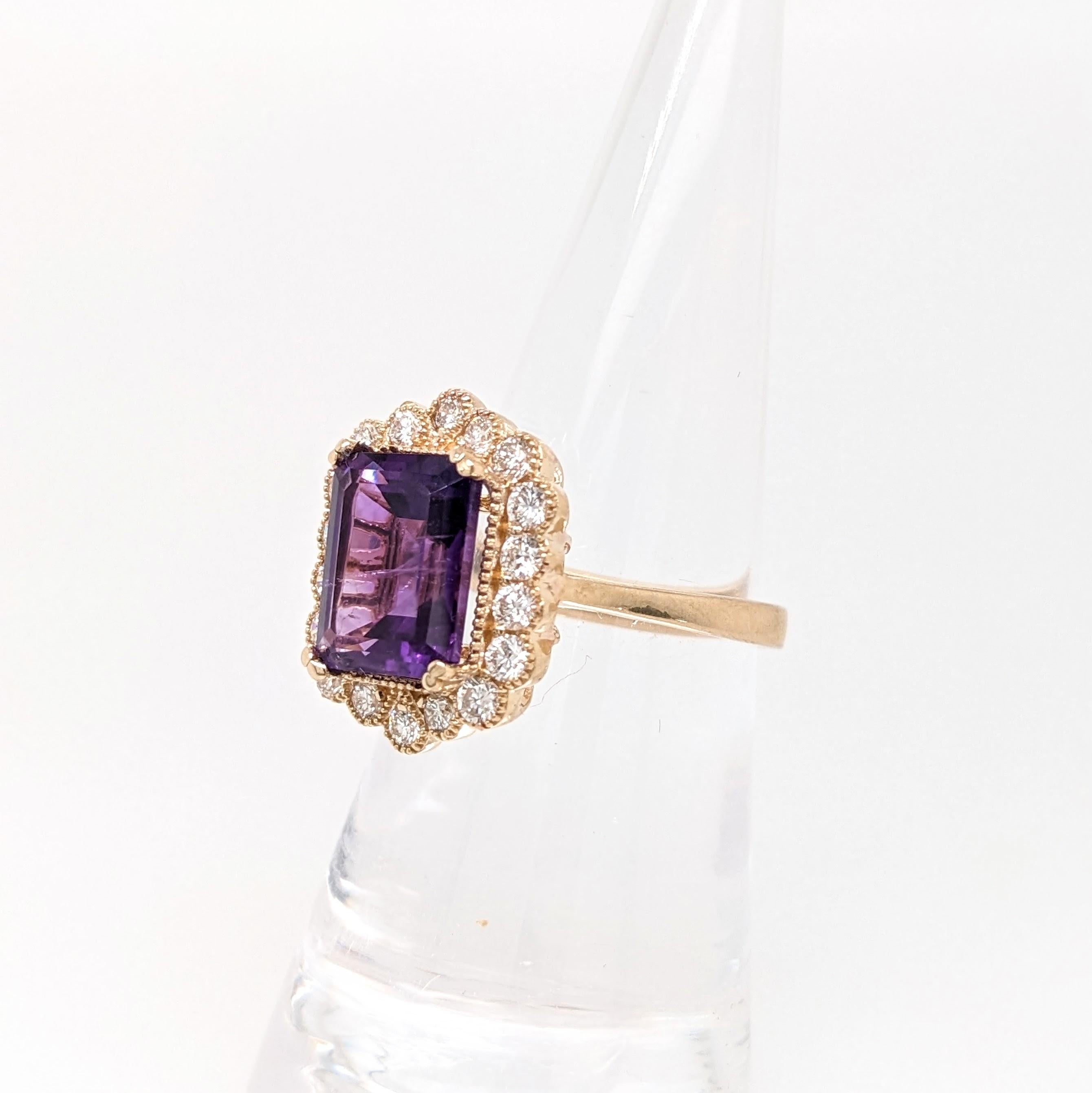 Emerald Cut 3.1ct Amethyst Ring w Earth Mined Diamonds in Solid 14K Yellow Gold EM 11x8mm For Sale
