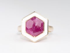 3.1ct Hexagon Rose Cut Ruby with White Enamel Halo 9K Gold Engagement Ring R6679