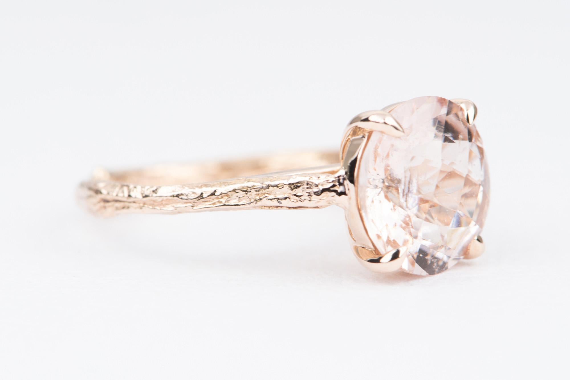 ♥  Solid 14K rose gold band with a light pink morganite set with four prongs
♥  Features a nature inspired, branch-like shank
♥  The morganite has visible inclusions that sparkle and create a nice celestial effect. We are calling this a Galaxy