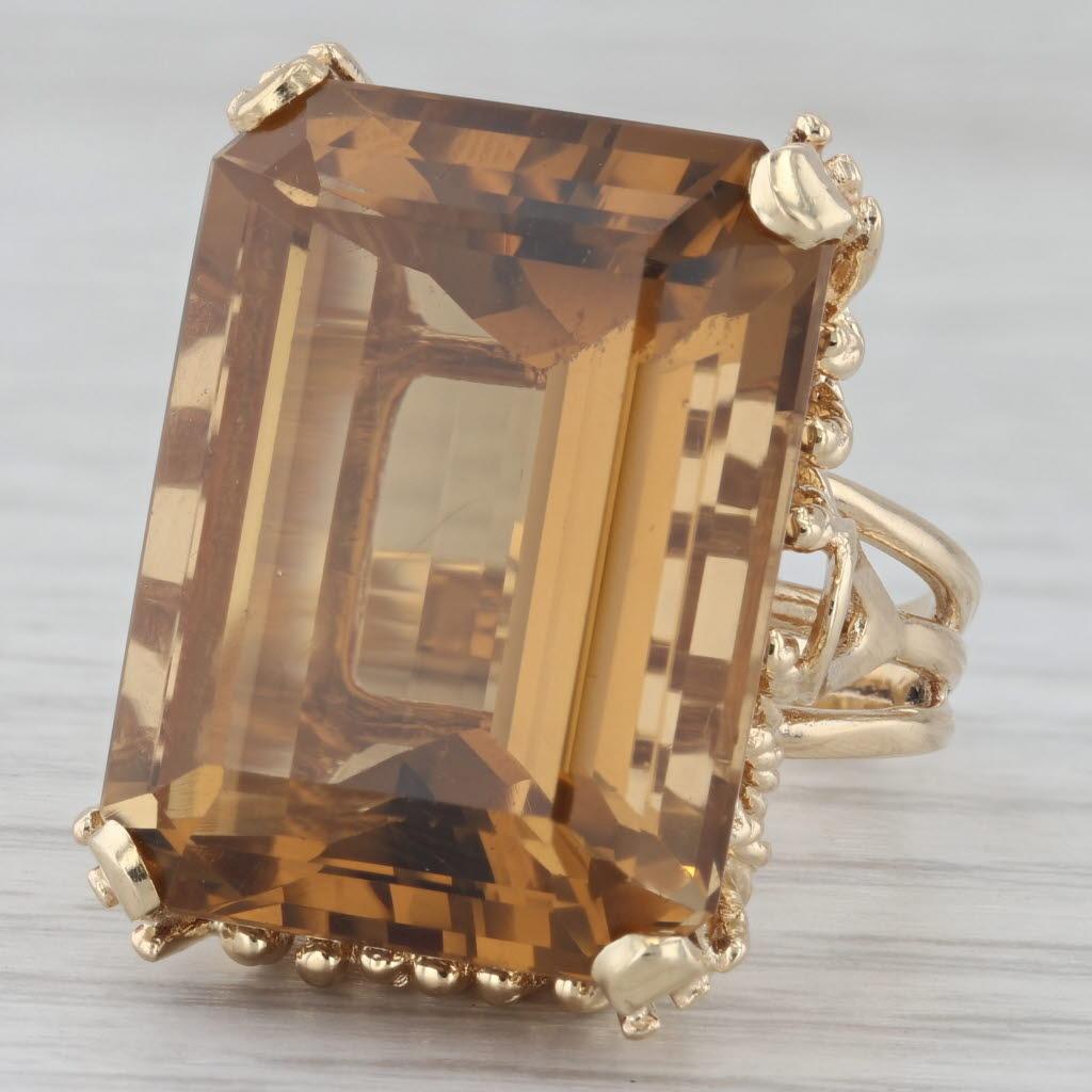 31 Karat Rauchquarz Cocktail-Ring 14k Gelbgold Größe 7,25 Smaragdschliff Solitär 1