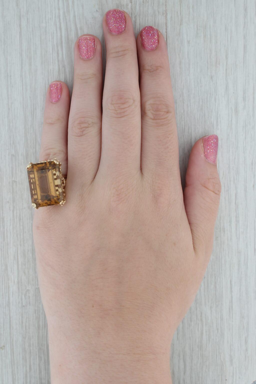 31 Karat Rauchquarz Cocktail-Ring 14k Gelbgold Größe 7,25 Smaragdschliff Solitär 3