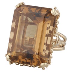 31ct Smoky Quartz Cocktail Ring 14k Yellow Gold Size 7.25 Emerald Cut Solitaire