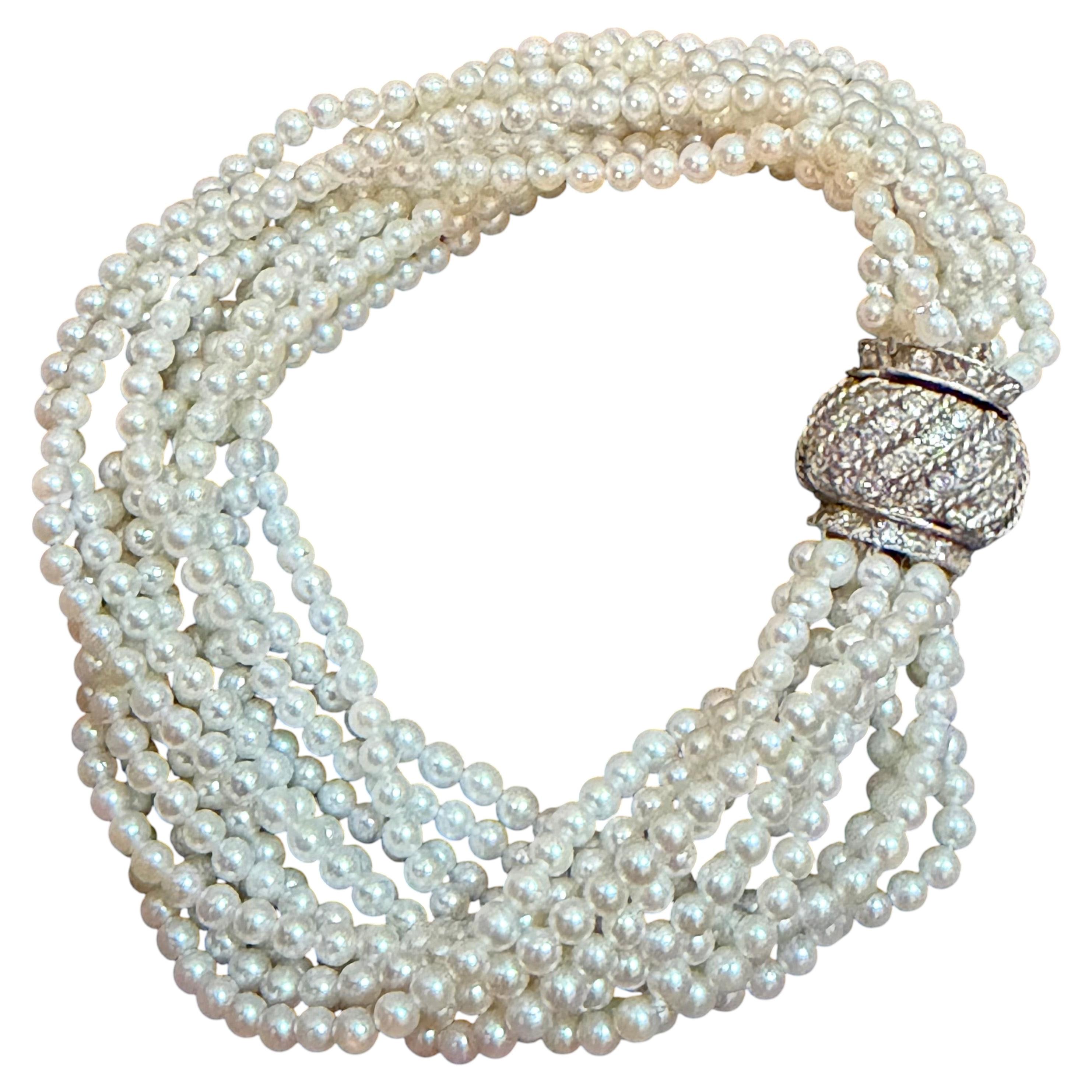 Bracciale a più fili di perle Akoya Japanies da 3,1 mm, chiusura con diamanti 14KWG, 8 pollici