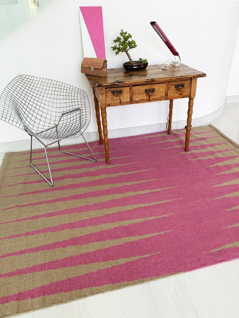 Rug 31st October Wool Modern Geometric Beige Fuchsia Dhurrie Carpet