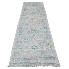 3'1"x10' Grauer handgeknüpfter Afghanischer Angora-Läufer aus aller Wolle mit Oushak-Blattdesign