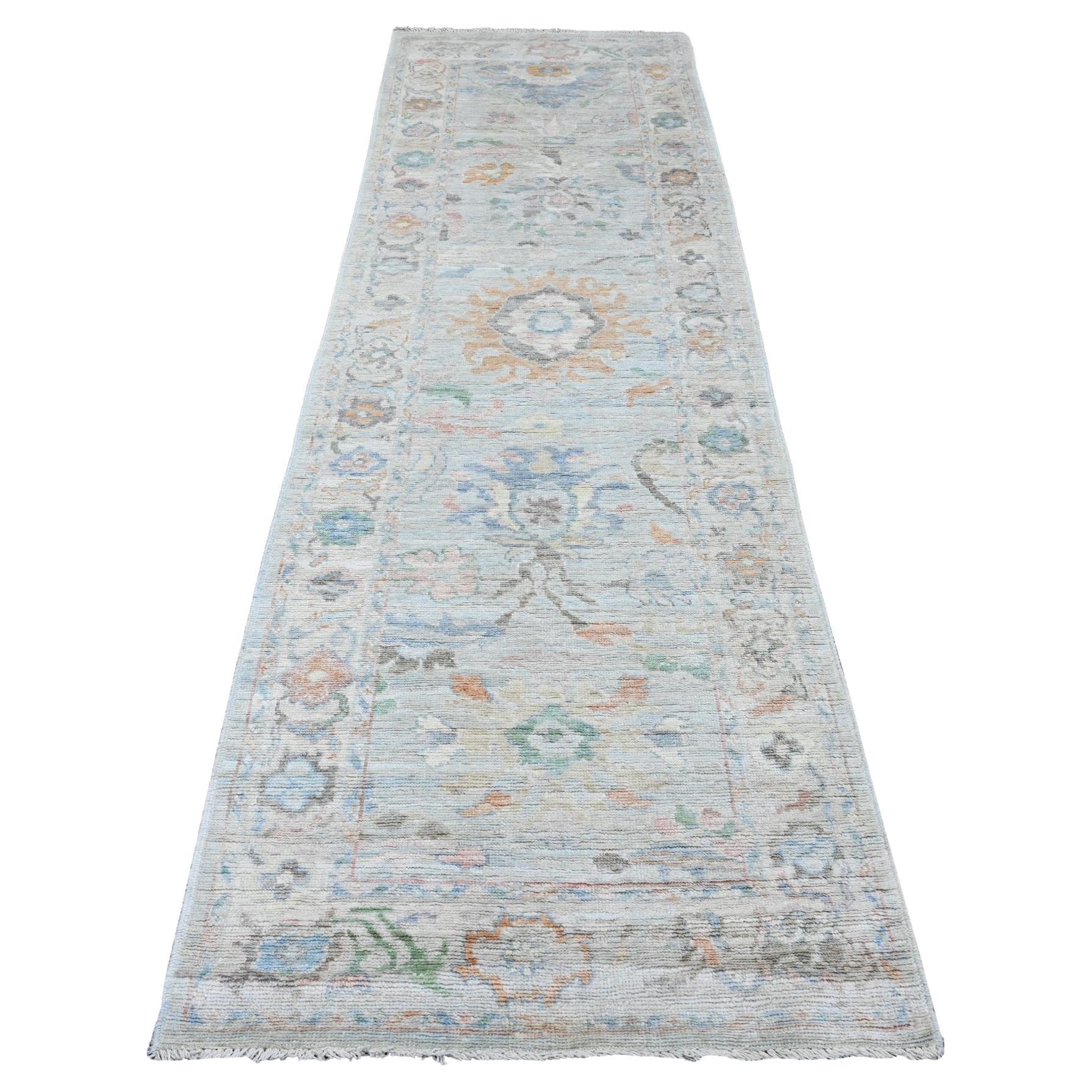 3'1"x10' Misty Gray Hand Knotted Afghan Angora Oushak Wool Runner Oriental Rug