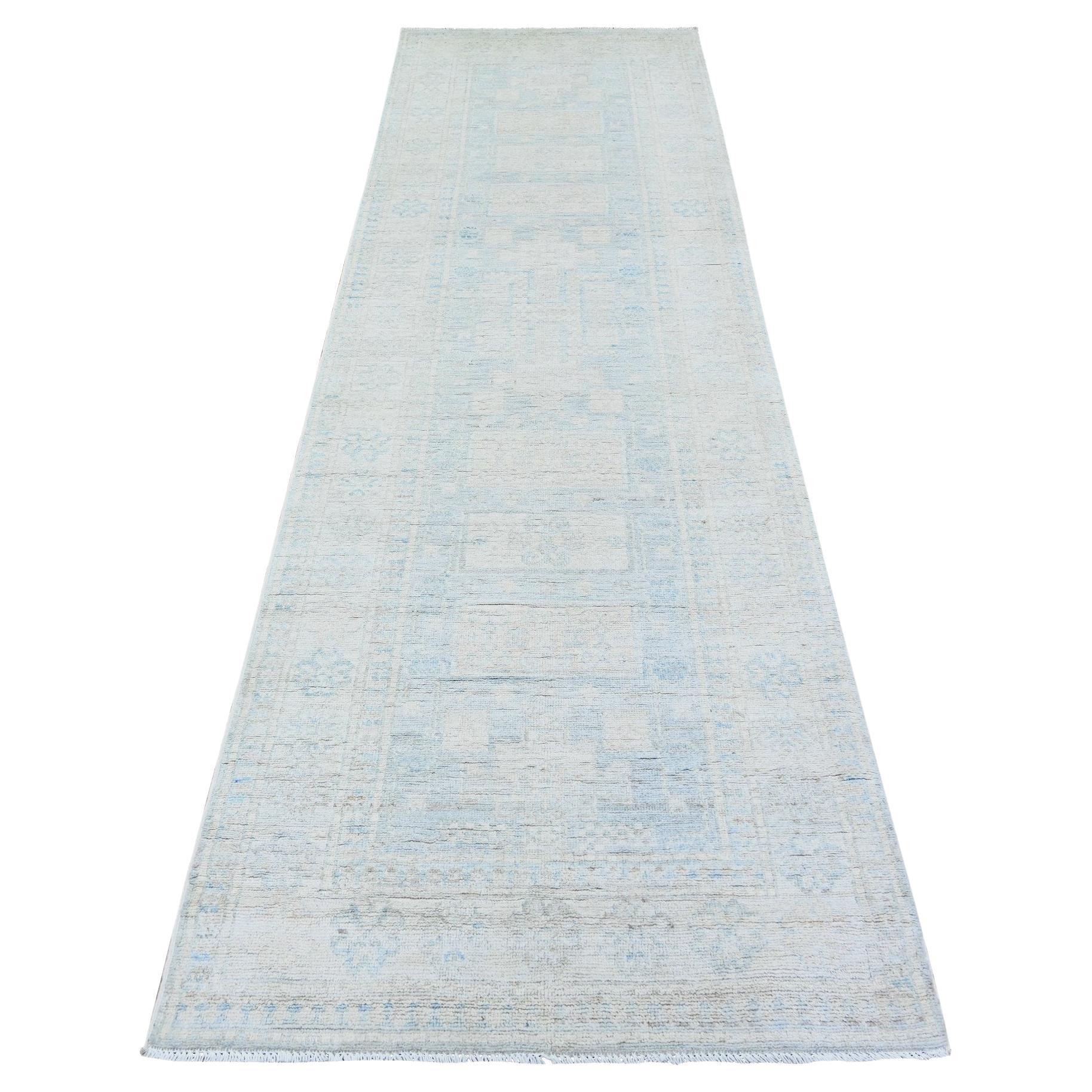 3'1"x10' Spanischer grauer, handgeknüpfter, orientalischer Teppich aus gewaschener Peshawar-Wolle, handgeknüpft