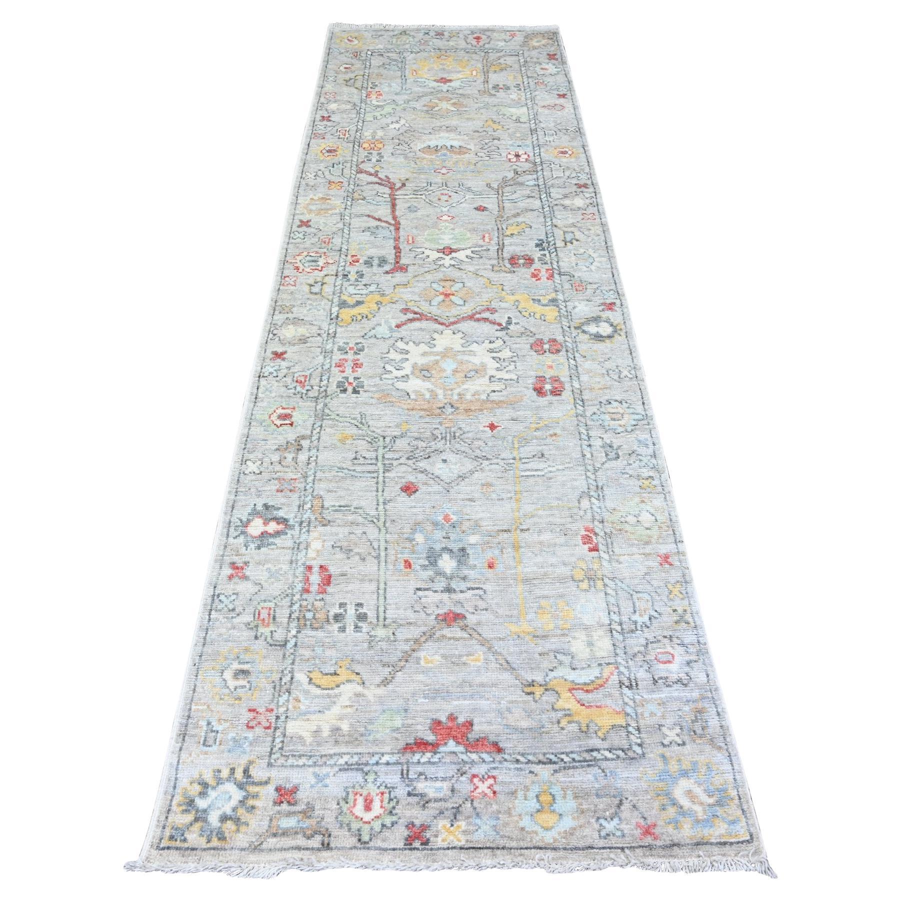 3'1"x10'6" Gray Hand Knotted Afghan Angora Oushak Pure Wool Runner Oriental Rug