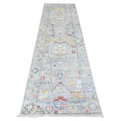 3'1"x10'6" Gray Hand Knotted Afghan Angora Oushak Pure Wool Runner Oriental Rug