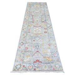 3'1"x10'6" Gray Hand Knotted Afghan Angora Oushak Pure Wool Runner Oriental Rug