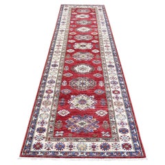 3'1"x11' Rich Red Hand Knotted Kazak with Geometric Medallions Wool Runner Rug