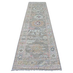 3'1 "x11'7" Faded Brown Angora Oushak Leaf Design Hand Knotted Wool Runner Rug
