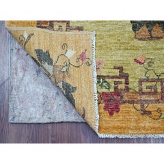3'1"x11'7" Green Chinese Art Deco Inspired Peshawar Hand Knotted Wool Runner Rug