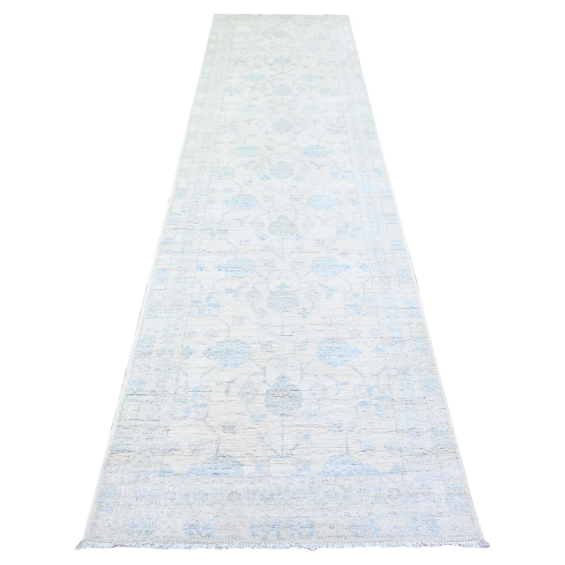 3'1"x11'7" Ivory Washed Out Peshawar Pure Wool Hand Knotted Runner Rug