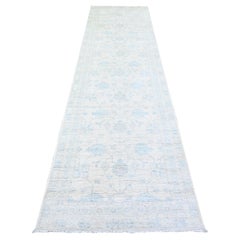 3'1"x11'7" Ivory Washed Out Peshawar Pure Wool Hand Knotted Runner Rug