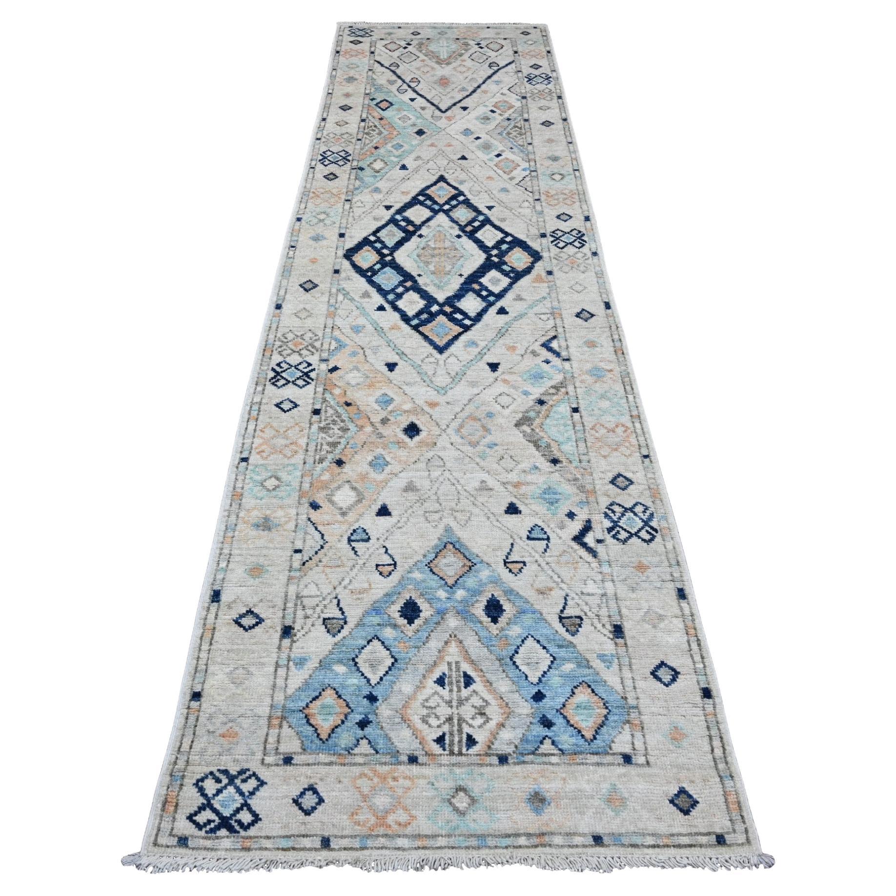 3
1"x11
8" White Anatolian Village Inspired Design Hand Knotted Wool Runner Rug