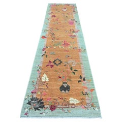 3'1"x11'9" Brown Chinese Art Deco Inspired Peshawar Hand Knotted Wool Runner Rug