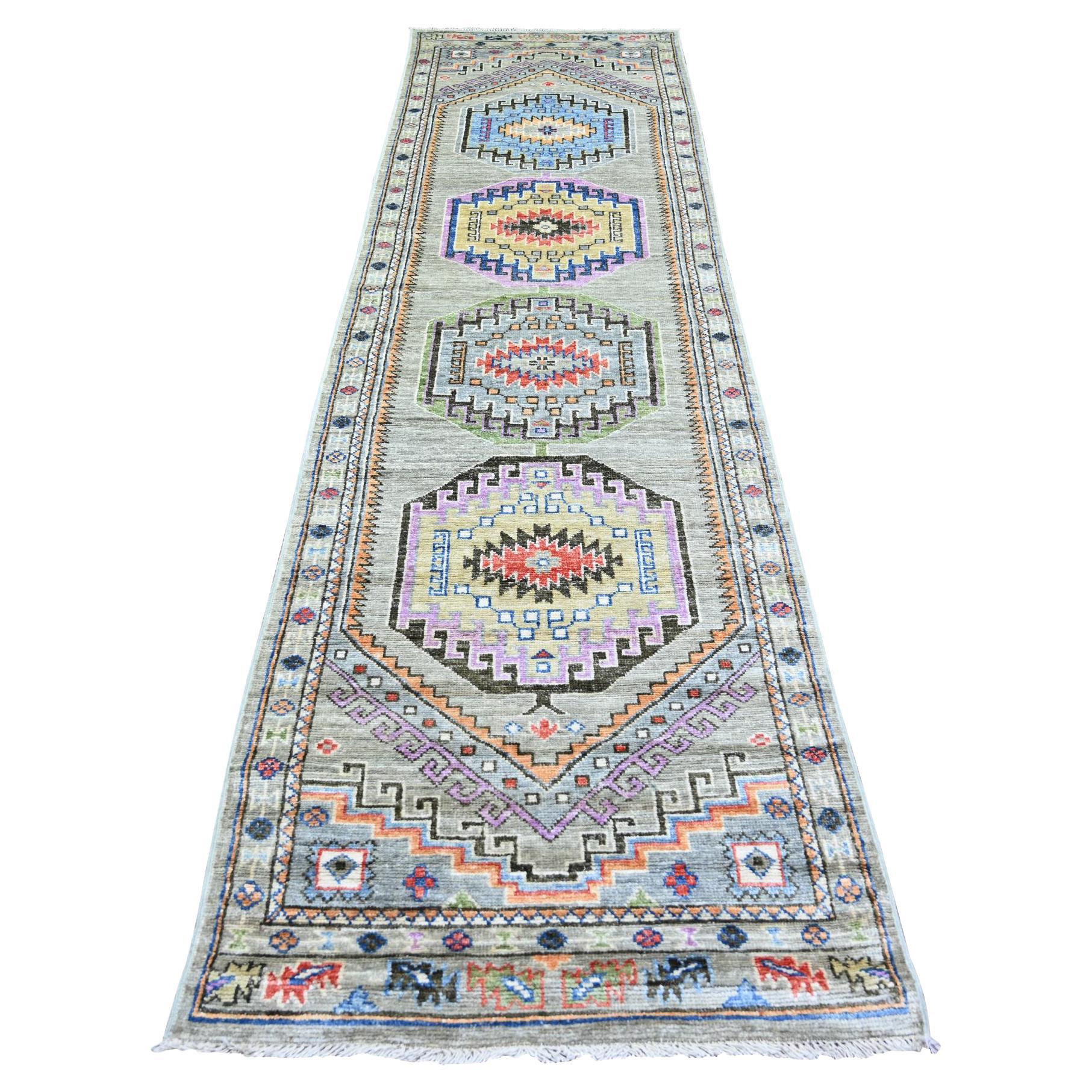 3'1"x11'9" Taupe Pure Wool Hand Knotted Afghan Angora Oushak Oriental Runner Rug