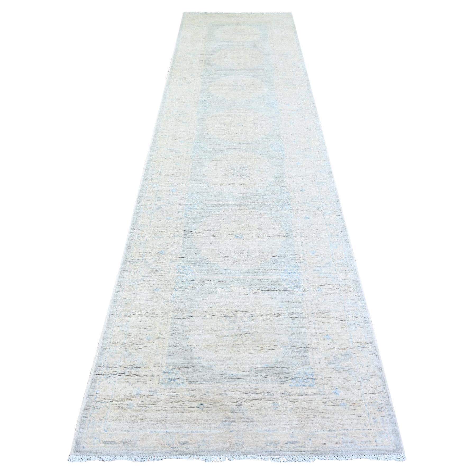3'1 "x12' Blu Grigio Bianco Wash Peshawar Tappeto Runner in Lana Lucida Annodata a Mano
