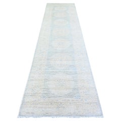 3'1 "x12' Blu Grigio Bianco Wash Peshawar Tappeto Runner in Lana Lucida Annodata a Mano