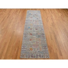 3'1"x12' Brown, Silk with Wool, Directional Vase Design Hand Knotted Runner Rug