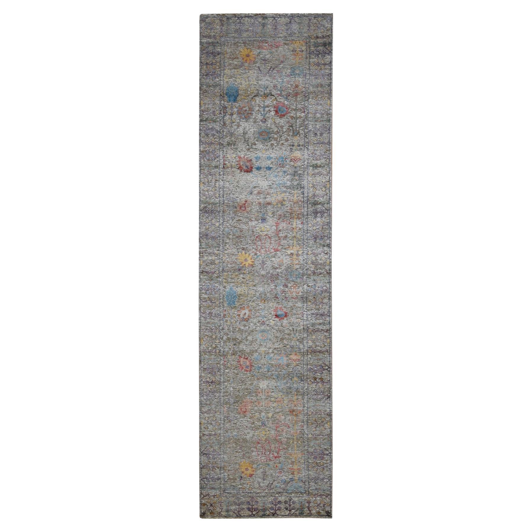 3'1 "x12' Braun, Seide mit Wolle, Directional Vase Design Handgeknüpft Läufer Teppich im Angebot