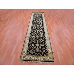 3'1"x12'2" Caviar Black Rajasthan Hand Knotted Wool Silk Runner Oriental Rug